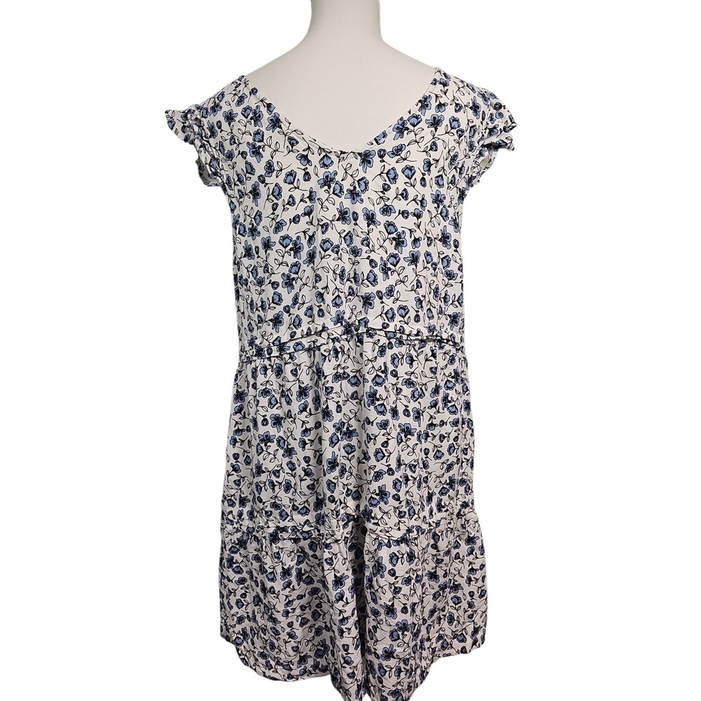 Lucky Brand Floral Tiered Linen Blend Flutter Sleeve Blue White Dress Women's L